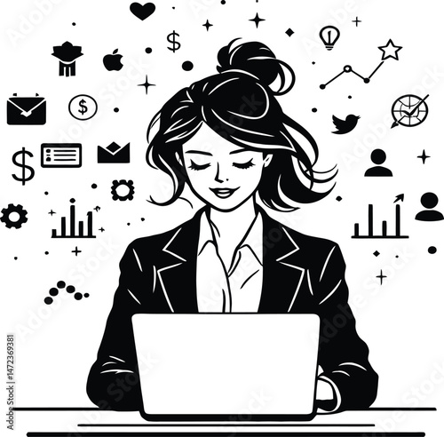 Modern Professional Workspace Silhouette Featuring a Businessperson in a Suit Seated at a Desk, Engaged with a Laptop, Surrounded by Floating Icons Representing Communication, Finance, Analytics