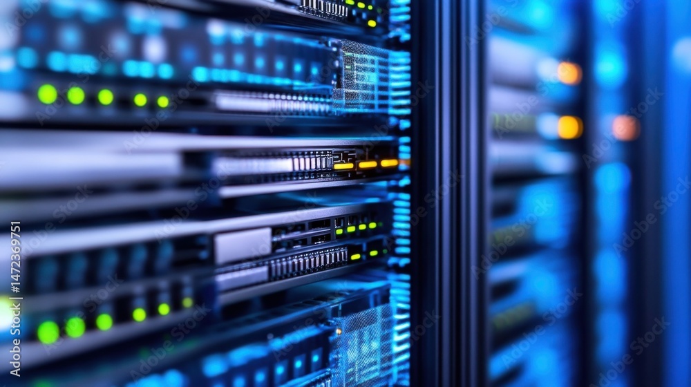 Close-up view of a server rack with multiple network devices, illuminated with blue light, showcasing technological infrastructure and data processing. : Generative AI Close-up view of a server rack with multiple network devices, illuminated with blue light, showcasing technological infrastructure and data processing. : Generative AI