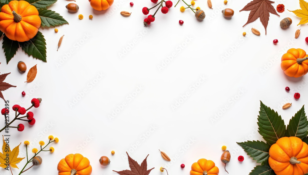 Fototapeta premium Flat Lay Autumn Composition with Mini Pumpkins, Leaves & Red Berries on Clean White Background