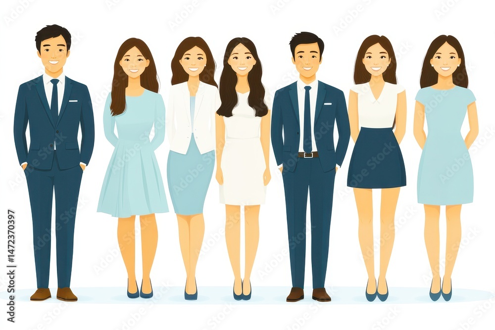 Fototapeta premium Diverse Group of Young Professionals in Stylish Attire Standing Together Against a White Background Representing Teamwork and Unity
