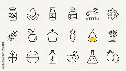 Detailed Food Oil and Olive Line Icons Representing Edible Oil Concepts