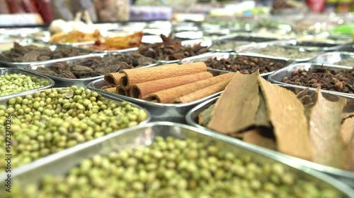 Variety of all spices in display at marketplace, Mumbai city, India
