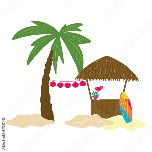 Summer beach bar with a palm tree vector illustration. Bar, cocktail, garland, palm tree, surf board. Vector cartoon illustration of tropical pub	