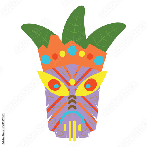 Tiki mask illustration. Tribal wooden mask totem in hawaiian style. Tribal tiki idol head.