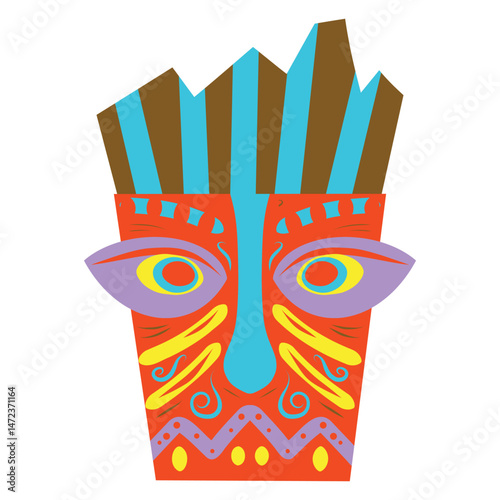 Cartoon Tiki mask illustration. Tribal wooden mask totem in hawaiian style. Tribal tiki idol head.