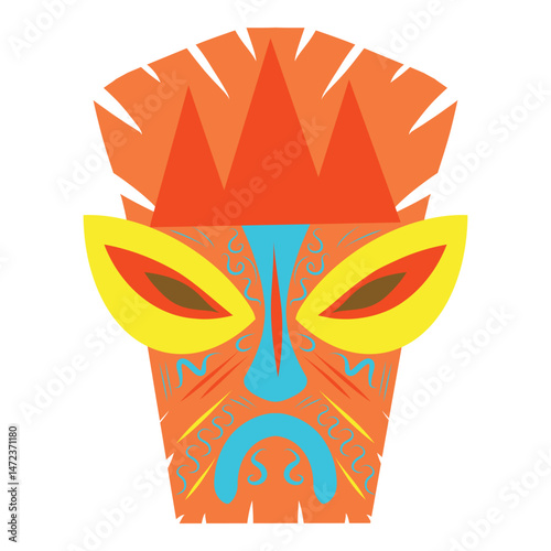 Cartoon Orange Tiki mask illustration. Tribal wooden mask totem in hawaiian style. Tribal tiki idol head.