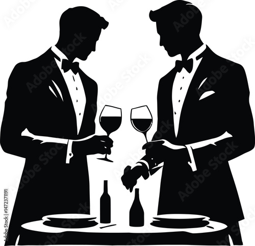 Refined Wine Tasting Silhouette Featuring Two Elegant Individuals in Tuxedos, Each Holding a Wine Glass, Seated at a Sophisticated Dining Table with Bottles and Plates, Representing a High-Class 