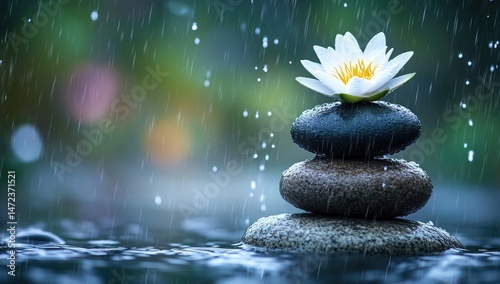 Serene water lily amidst rain and stones