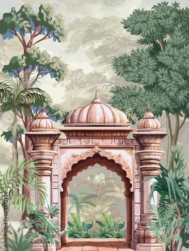 Mughal garden, arch, peacock, plant botanical landscape illustration. Traditional mughal garden arch forest wallpaper.
