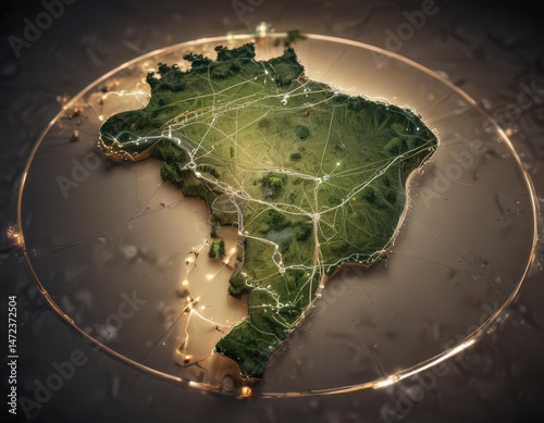 Stylized Brazil map, circular network highlighting internal connections, design, vector