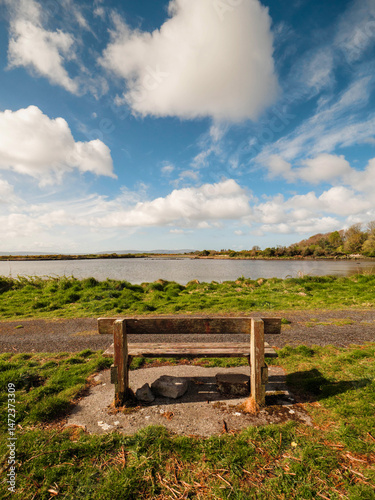 One wooden old bench by a walking path with stunning view on open space with lake and amazing blue cloudy sky. Nature scenery in a park and great place to relax and enjoy the view.