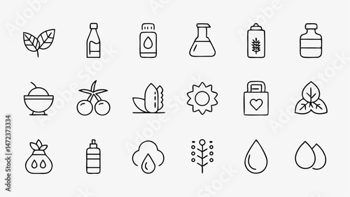 Food Oil and Olive Line Icons Depicting Various Oil and Olive Themes