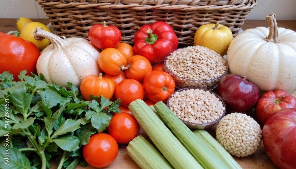 Fresh vegetables and fruits arranged with a basket backdrop. Fresh vegetables and fruits arranged with a basket backdrop.