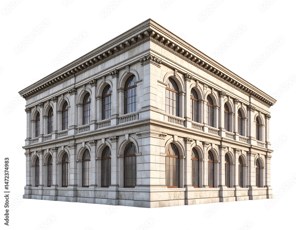 Fototapeta premium Classic Corner Building: An elegant, three-story corner building showcasing classic architectural details, including arched windows, ornate cornices, and a stately facade.