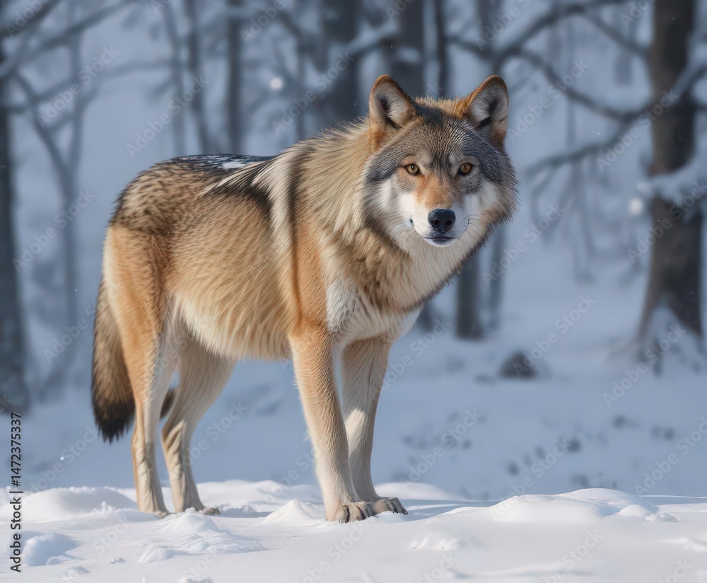 Fototapeta premium A lone Eurasian wolf in deep snow, winter scene , snow, forest, winter