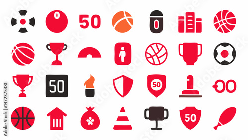 All-Inclusive Sports Icon Set with Football, Basketball, and Trophy Illustrations