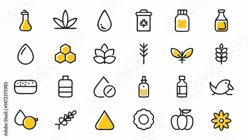 Food Oil and Olive Line Icons Illustrating Olive Oil Production