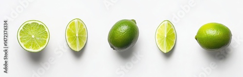 Five vibrant limes arranged in a row against a clean white background, showcasing whole limes and halved limes, ideal for refreshing summer beverage or food photography. : Generative AI