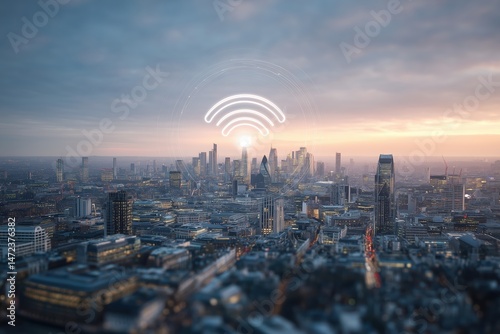 Cityscape At Dawn With Network Symbol