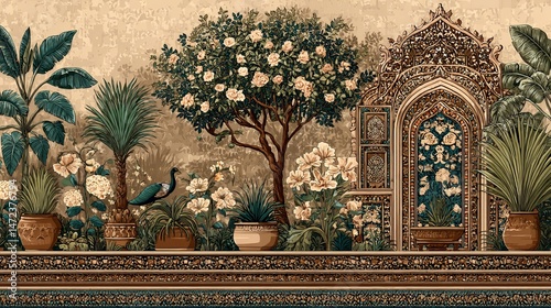 Wallpaper Mural Mughalstyle floral wall with arch and peacock decor Torontodigital.ca