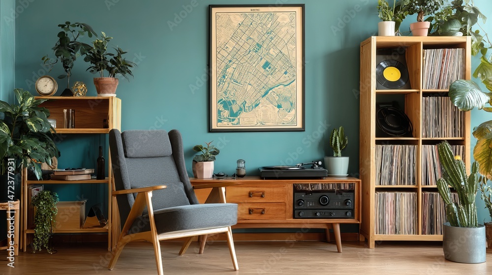 Fototapeta premium Retrostyle living room with map poster armchair vinyl and plants