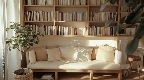 Wallpaper Mural Sunlight streams into a minimalist living room, illuminating a beige sofa with cushions and a wooden bookcase filled with books, complemented by a potted plant. : Generative AI Torontodigital.ca