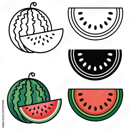 Watermelon Slice Illustration Set Color Black and White, Watermelon Line Art Illustrations Set for Coloring, Watermelon Fruit Half Slice Icons Black White