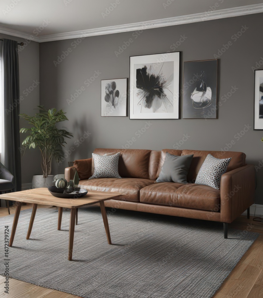 Fototapeta premium Sleek brown couch, wooden dining table, black & white art, grey walls Chic contemporary living space , wood, lighting, lifestyle