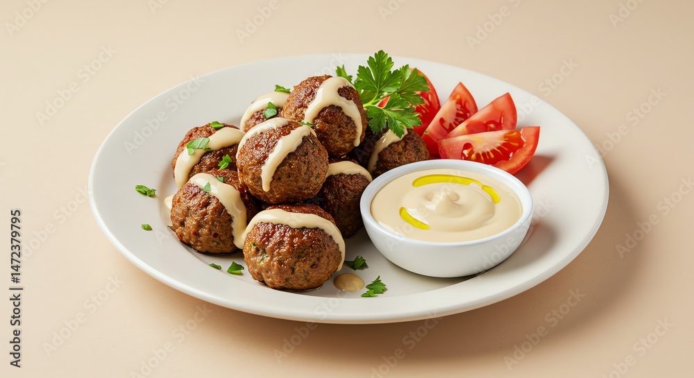 Meatballs with sauce and tomato slices on plate Meatballs with sauce and tomato slices on plate