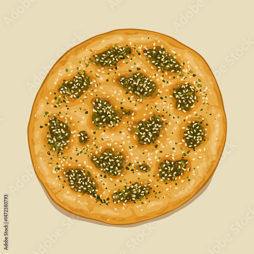 Flatbread Topped with Herbs and Sesame Seeds Ready to Serve