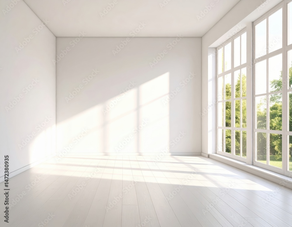 Fototapeta premium Bright, minimalist room with large windows allowing natural light and a view of greenery outside, creating a serene atmosphere
