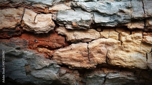 Detailed close-up of weathered tree bark, showcasing a textured surface with variations in brown, gray, and orange tones. The image reveals intricate cracks and fissures in the wood. : Generative AI