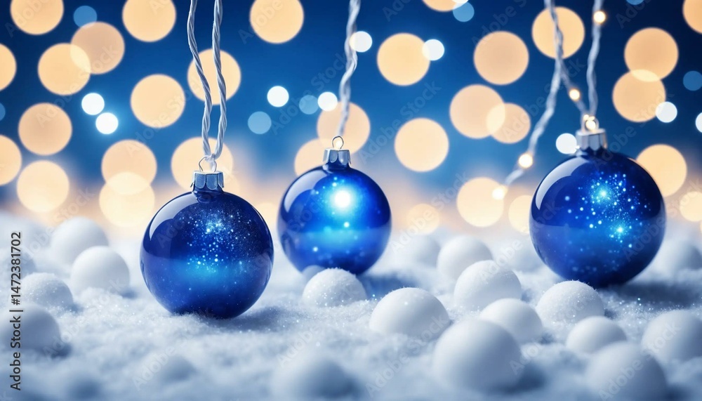 Sparkling Blue Christmas Ornaments on a String with a Bokeh Light Background.