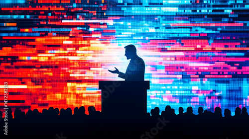 A speaker addresses a large audience amidst a backdrop of digital chaos
