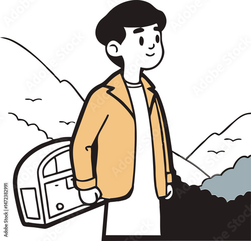 "Young man with luggage Traveling in mountain Landscape- cartoon Style  