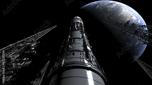 A towering rocket stands against the backdrop of Earth in space