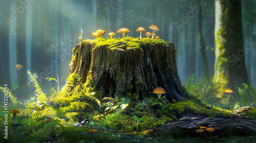 Mossy Tree Stump with Growing Mushrooms and Dew photo