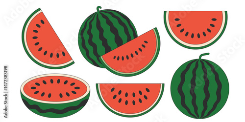 Watermelon Slice Illustration Set Color Black and White, Watermelon Line Art Illustrations Set for Coloring, Watermelon Fruit Half Slice Icons Black White