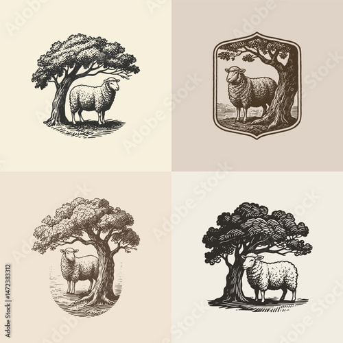 Set goat carving logo design set taking shelter in a tree