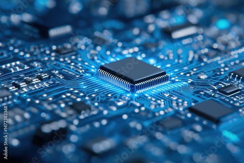 Close up View of a Glowing Electronic Circuit Board with a Central Microprocessor