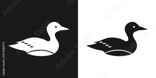 Elegant graphic illustration of a duck depicted in two opposite color schemes and simple design