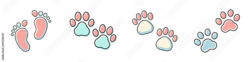 Footprints and paw prints icons in pastel colors for childhood and animal themes copy space Footprints and paw prints icons in pastel colors for childhood and animal themes copy space
