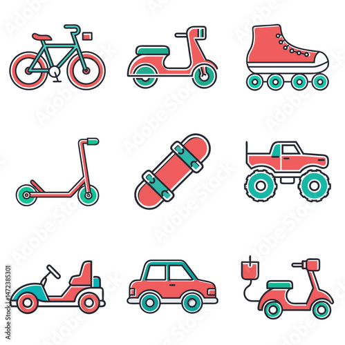 Transportation icons in colorful design for vehicles and outdoor activities copy space