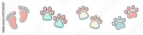 Footprints and paw prints icons in pastel colors for childhood and animal themes copy space