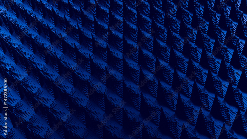 Fototapeta premium Abstract pattern of geometric shapes in dark blue, creating a textured surface with light and shadow interplay. Triangular forms are repetitive, forming a visually appealing 3D effect