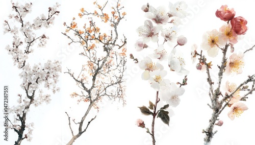 Spring blossoms on branches, various stages of bloom. 