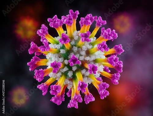Vibrant close-up of colorful virus on dark background