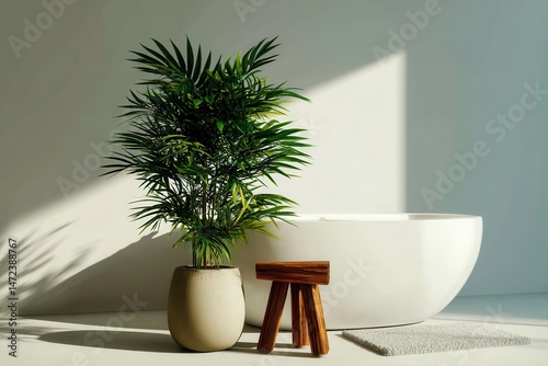 Modern minimalist bathroom interior with sunlight green plant