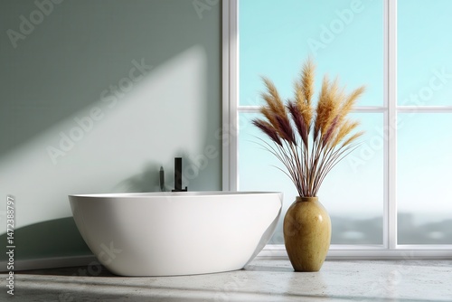 Modern minimalist bathroom with large bathtub decorative vase