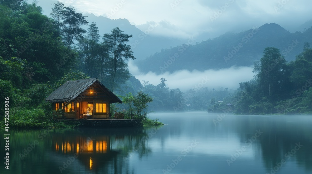 Fototapeta premium Tranquil cabin nestled on a lake, surrounded by misty mountains